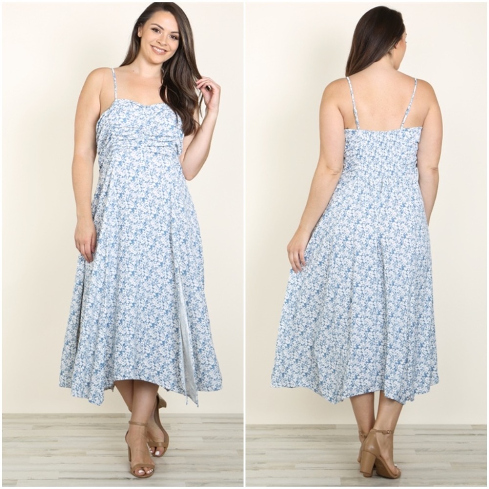 BLUE IVORY FLORAL PRINT SPAGHETTI STRAPS RUFFLE